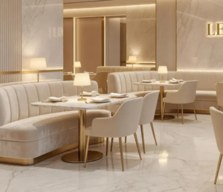 Luxusní interiér restaurace se stolním osvětlením a mramorovými detaily