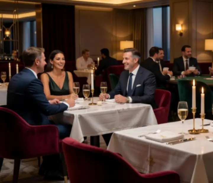 Luxusně prostřené stoly v intimně nasvícené restauraci Prahalis
