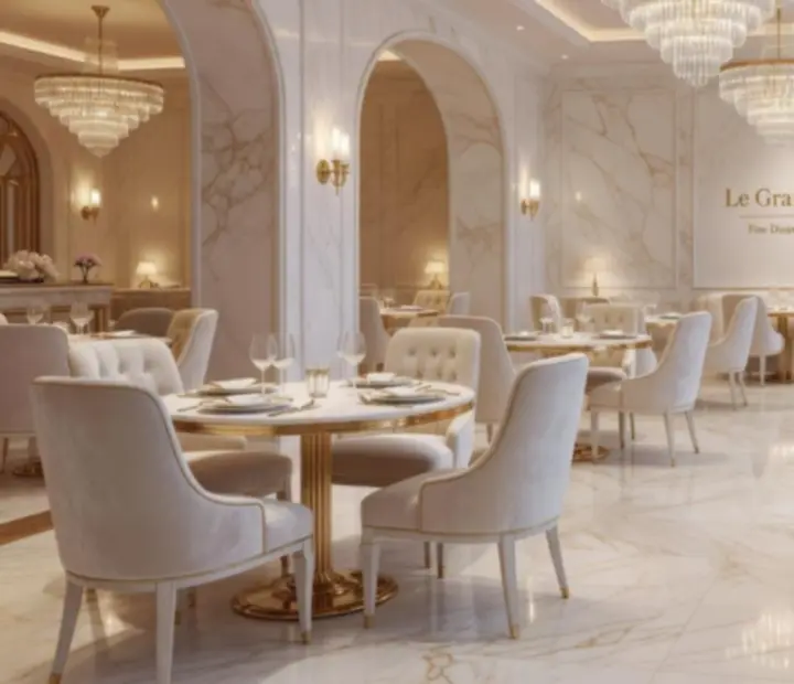 Luxusní světlý interiér restaurace Prahalis s krémovými tóny a champagne detaily.