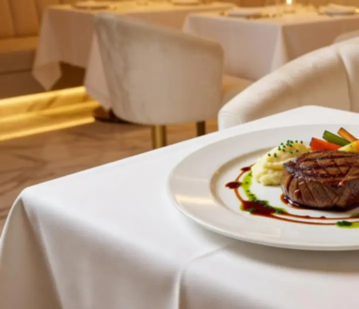 Moderní evropský hlavní chod servírovaný v restauraci Prahalis