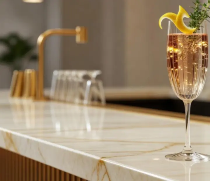 Signature koktejl s elegantní prezentací v baru restaurace Prahalis