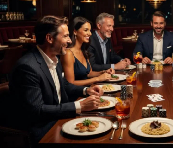Večerní atmosféra u pokerového stolu s hosty a fine dining servisem