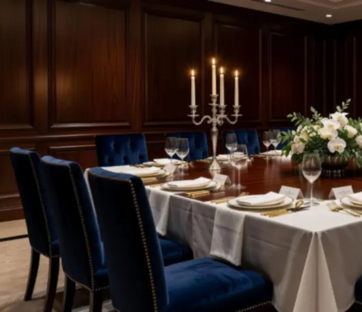 Soukromá společenská akce v restauraci Prahalis s elegantně prostřenými stoly.
